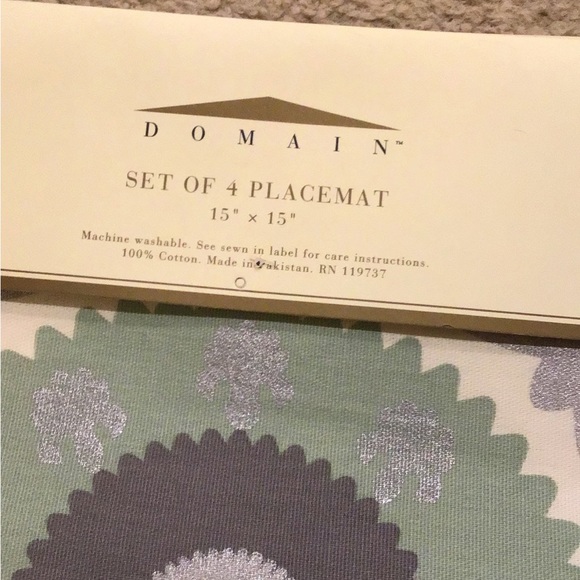 NWT Domain bohemian placemats set of 4 kitchen cream silver green 15x15 boho - Picture 2 of 4